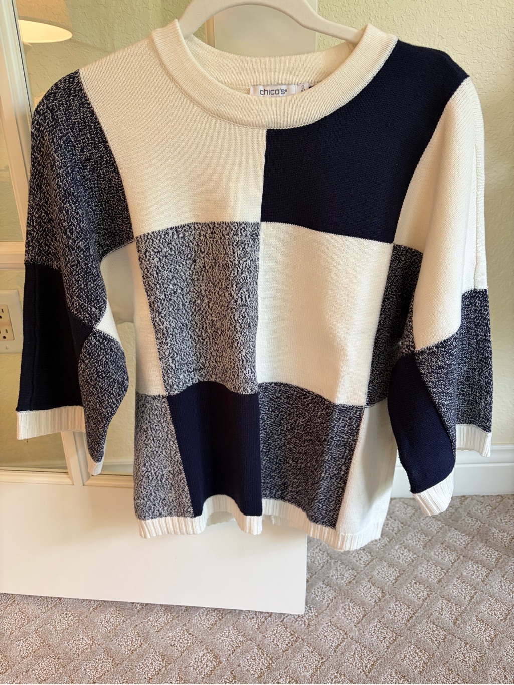 Chico's Navy And Cream Checkerblock Knit Crew Sweater